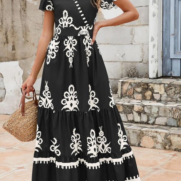 Women's Summer Boho Maxi Dress V-Neck Floral Flowy A-Line Pockets - Picture 6 of 9